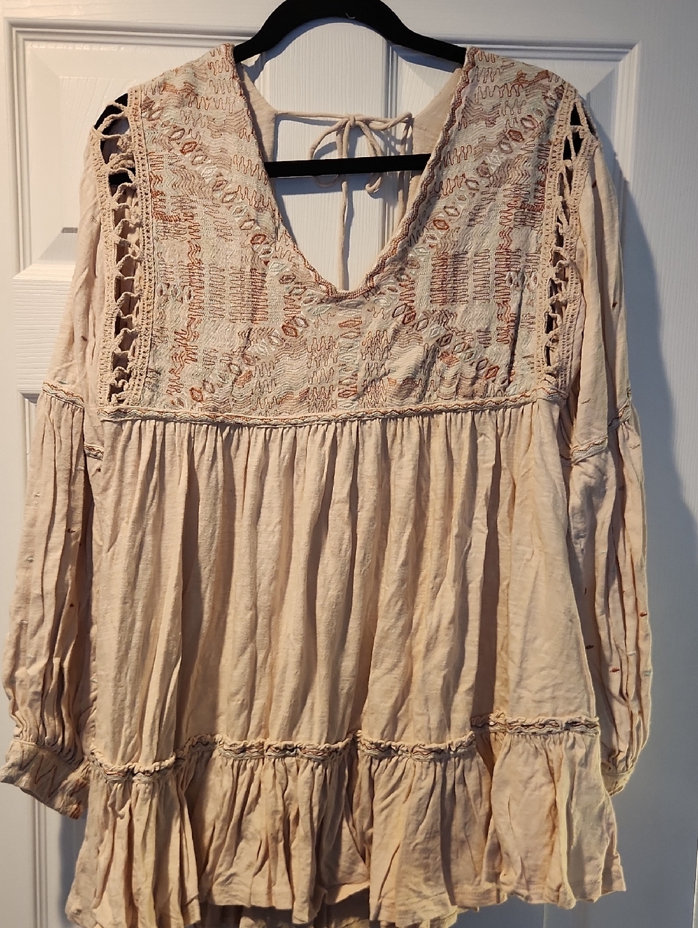 Free People Cream Embroidered V-Neck Boho Tunic